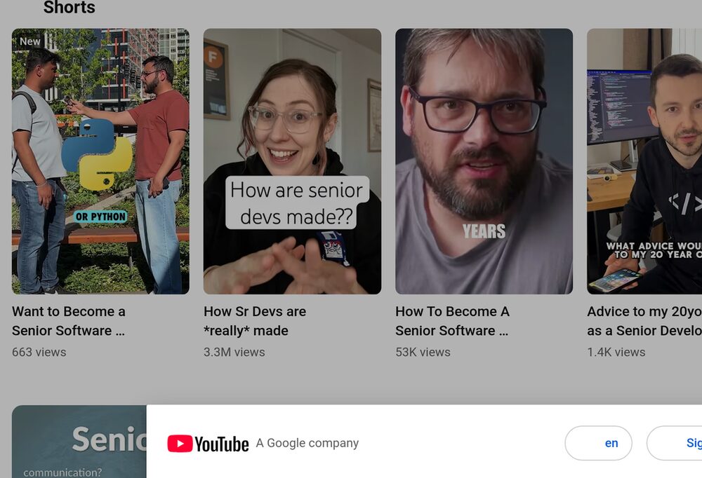 Screenshot of YouTube search results for \u201chow I became a senior developer at 20\u201d: a column of confident success-story videos
