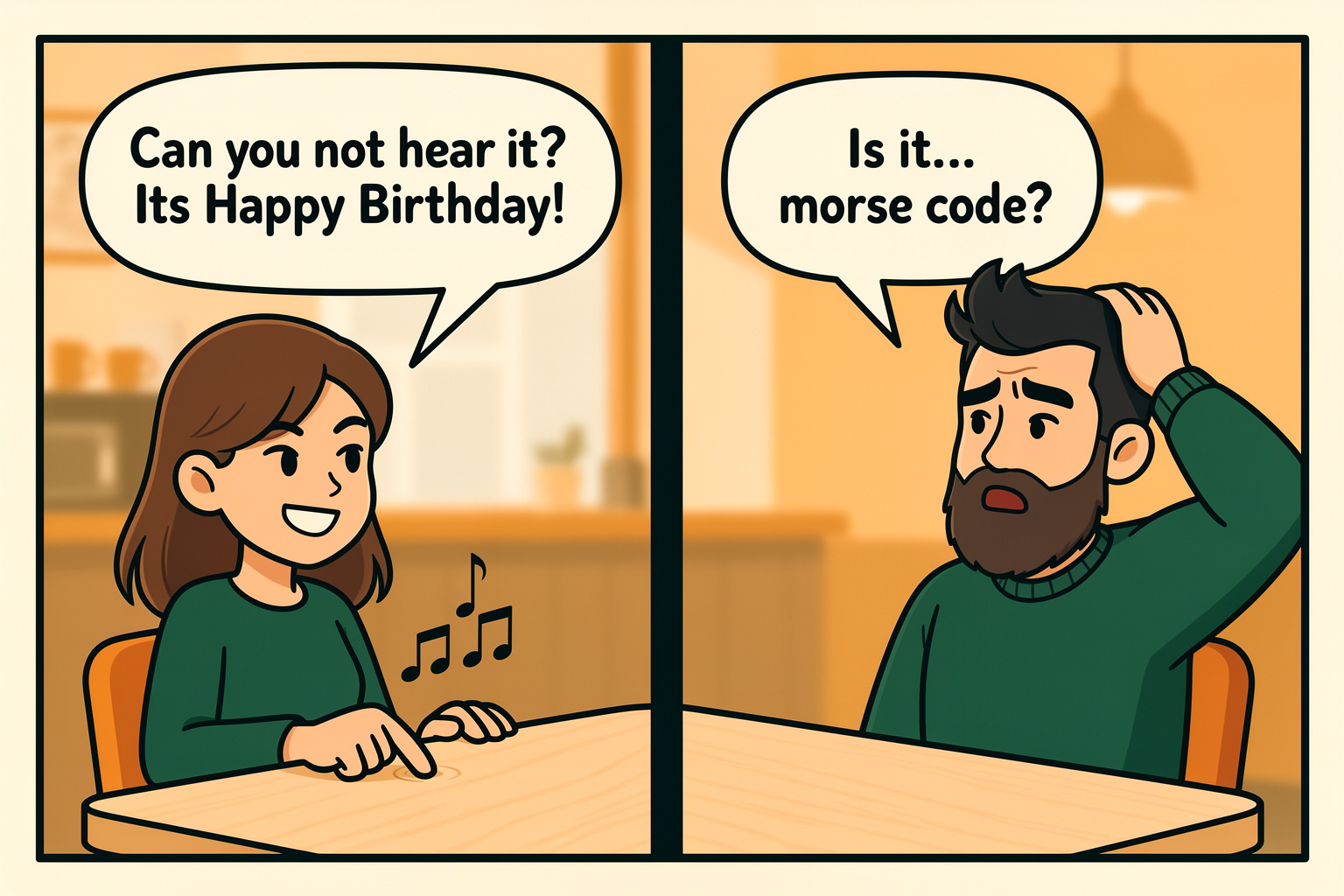 Two-panel comic: a woman taps a rhythm on a cafe table, asking 'Can you not hear it? It's Happy Birthday!', her bearded friend answers 'Is it... morse code?'