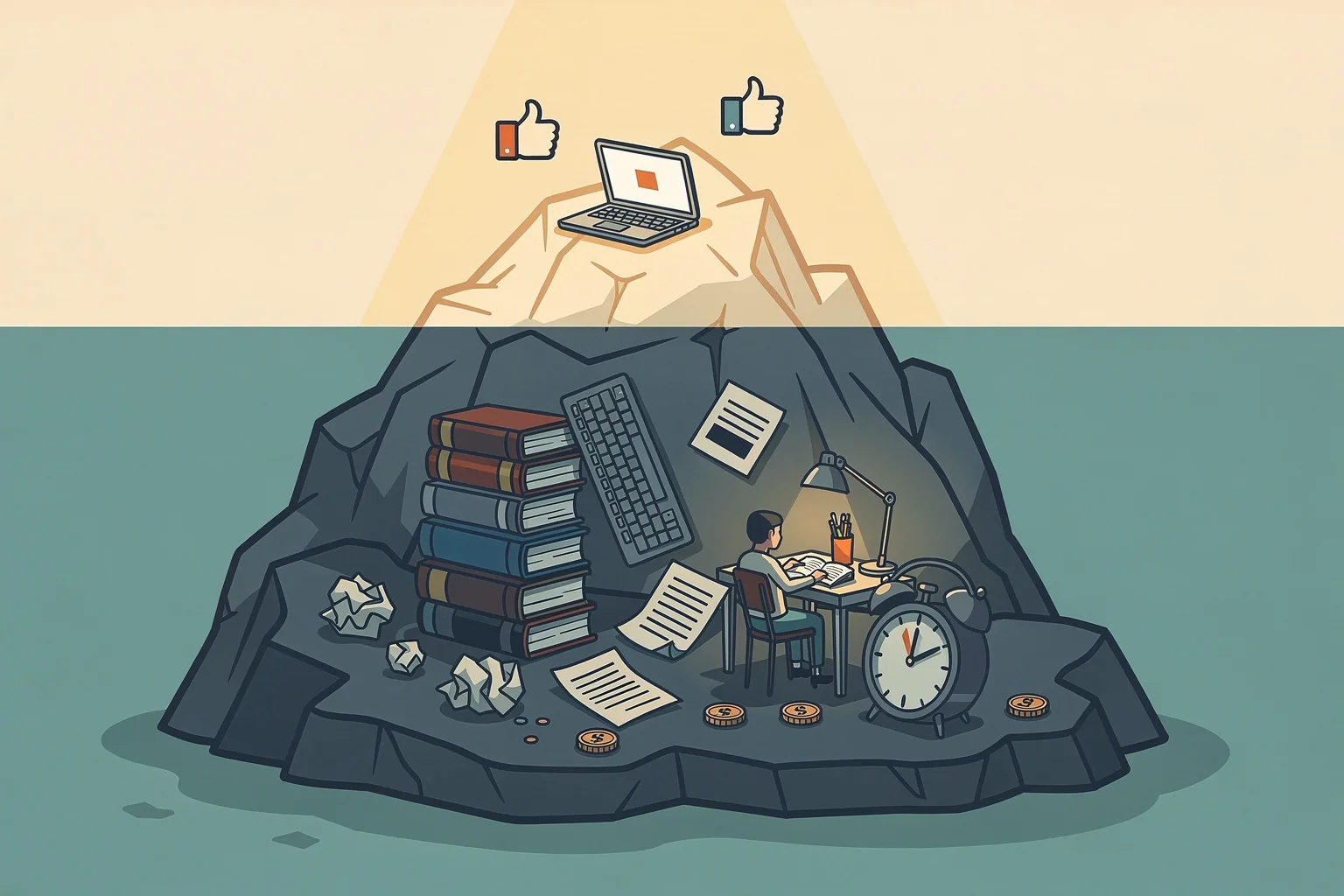 Iceberg illustration: above the waterline a glowing tip with a laptop and thumbs-up icons, below the waterline a huge mass containing stacks of books, crumpled drafts, coins, and a person studying at a desk