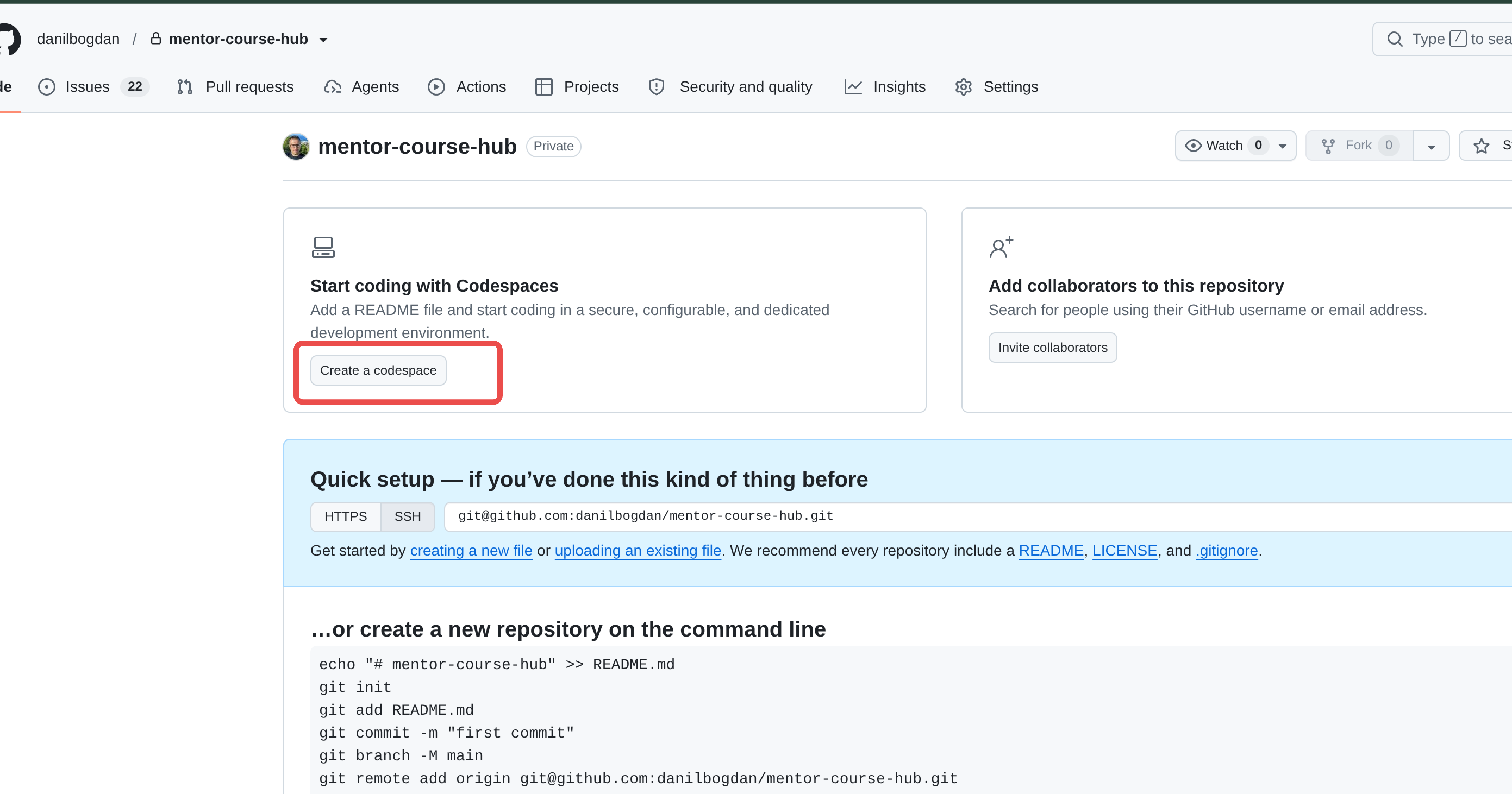 The Create a codespace button on the empty repository page